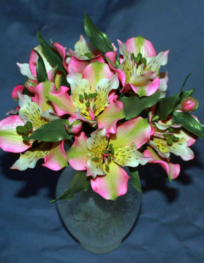 A display of wired sugar Alstroemeria flowers in a sugar vase. Delicate yet pretty. 9/2011