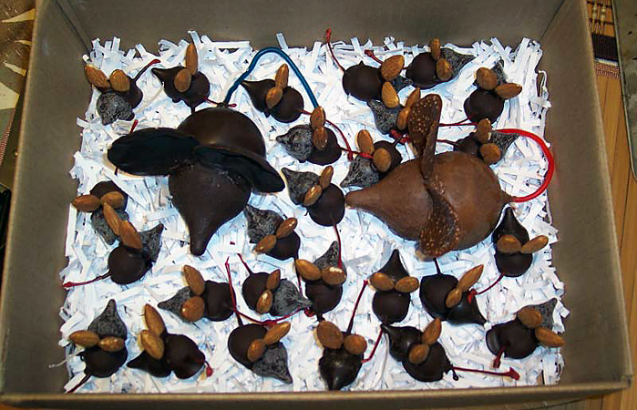 The mice are all chocolate; the smaller ones have almond ears and the larger ones have ears made of Trader Joe's chocolate crisps.